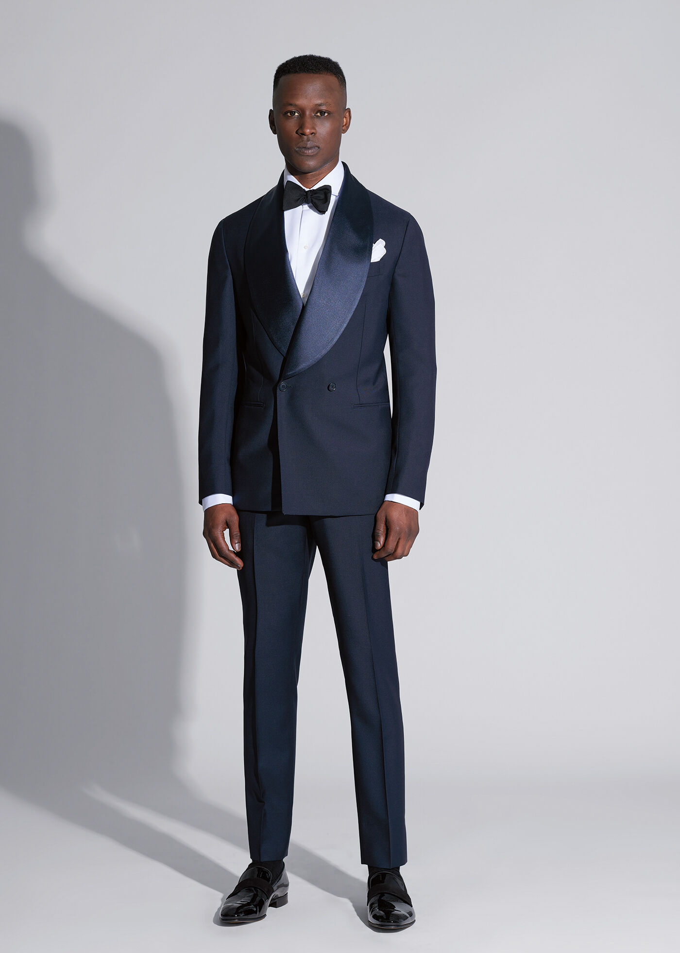 Navy Double Breasted Satin Lapel Shawl Tuxedo Look