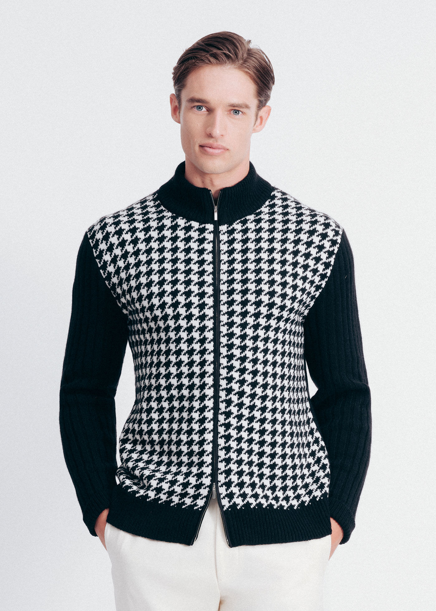 Cashmere Houndstooth Full Zip Sweater