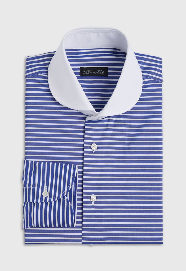 Paul Stuart Blue & White Horizontal Stripe White Round Collar Shirt