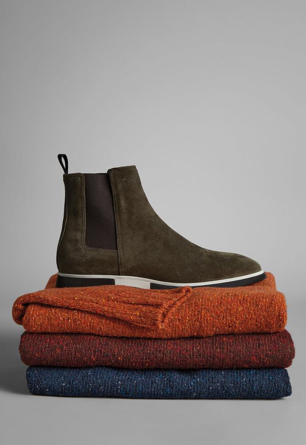 FW21 Paul Stuart Catalog Mansfield Chelsea Boot on Donegal Sweater Stack Look, image 1