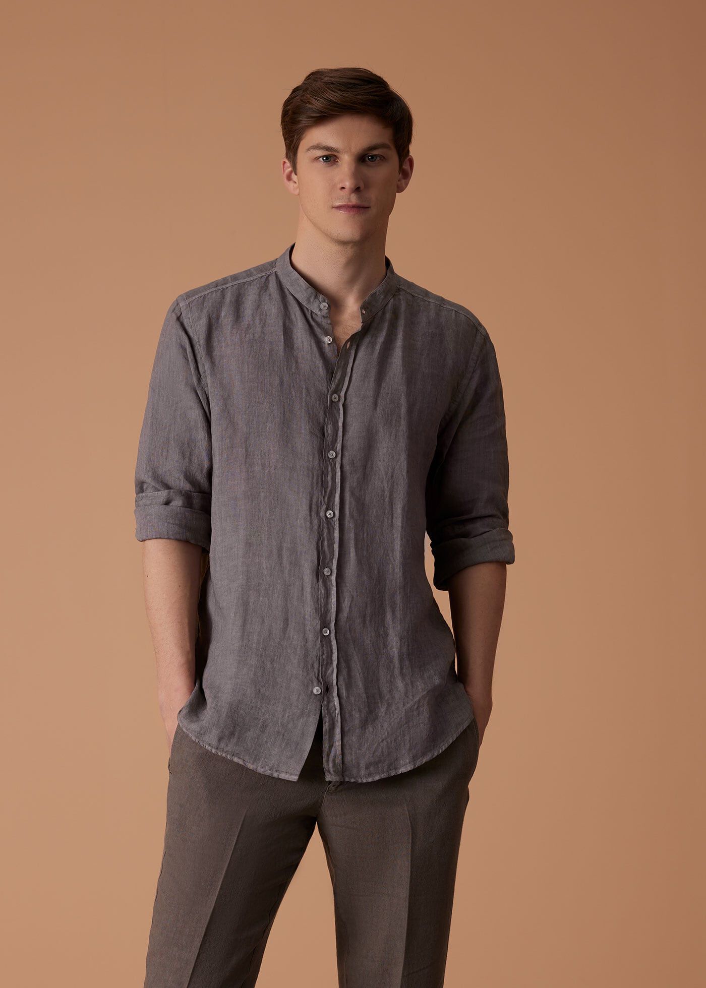 Band Collar Washed Linen Shirt