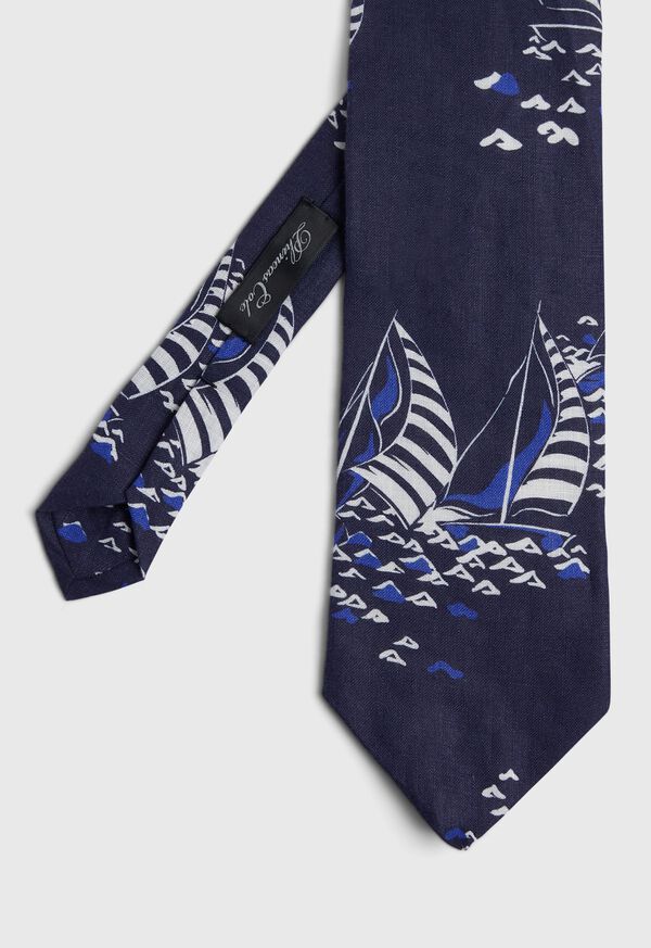Paul Stuart Indigo sailboat print linen Gilbert tie, image 1