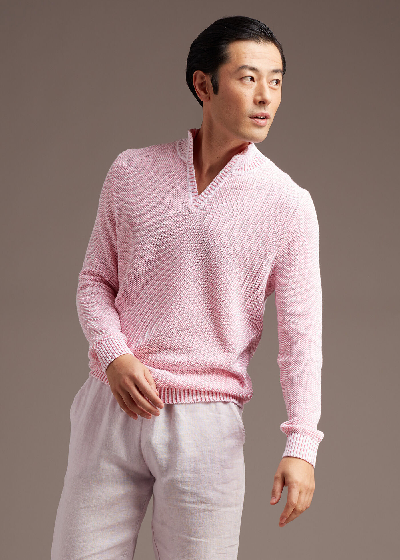 Cotton Open Collar Birdseye Stitch Sweater