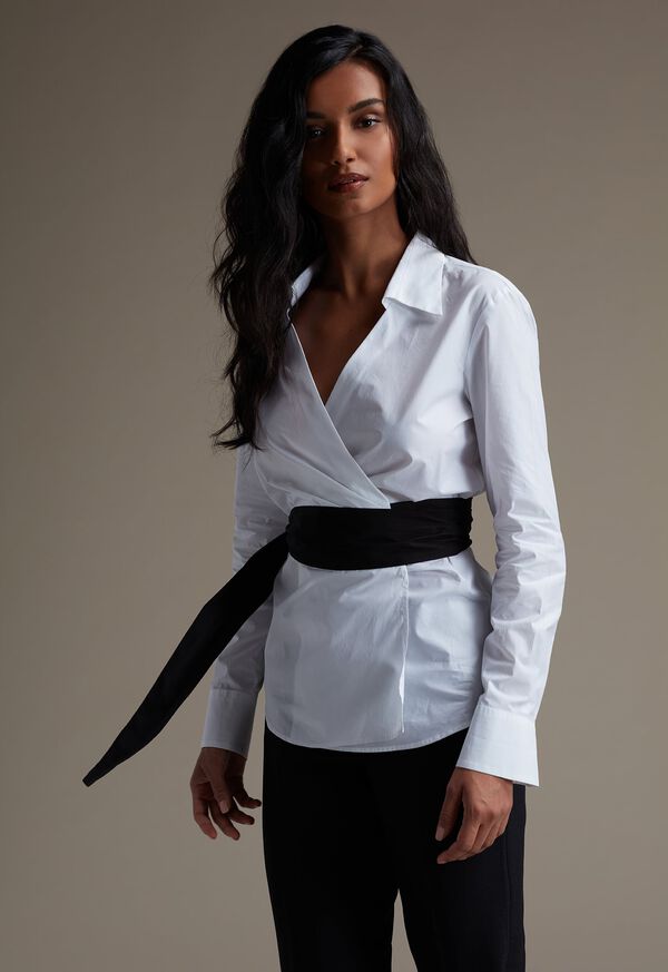 Paul Stuart Poplin Wrap Around Blouse withBlk Belt & Open Collar, image 2