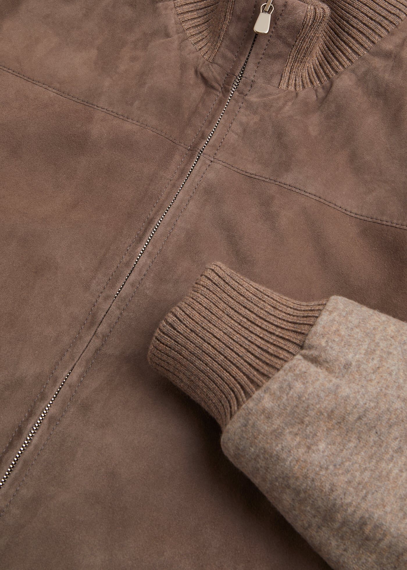 Suede Front Bomber With Cashmere Knit Sleeves