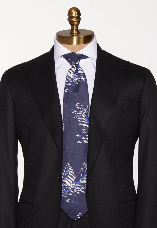 Paul Stuart Indigo sailboat print linen Gilbert tie, image 3