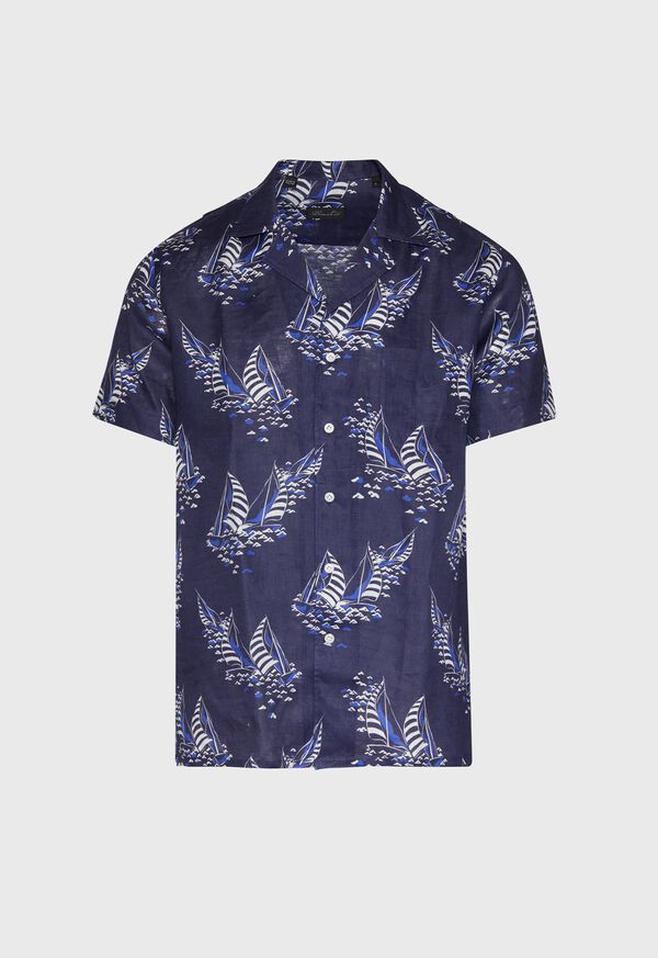 Paul Stuart Linen Indigo Boat Print Camp Shirt, image 1