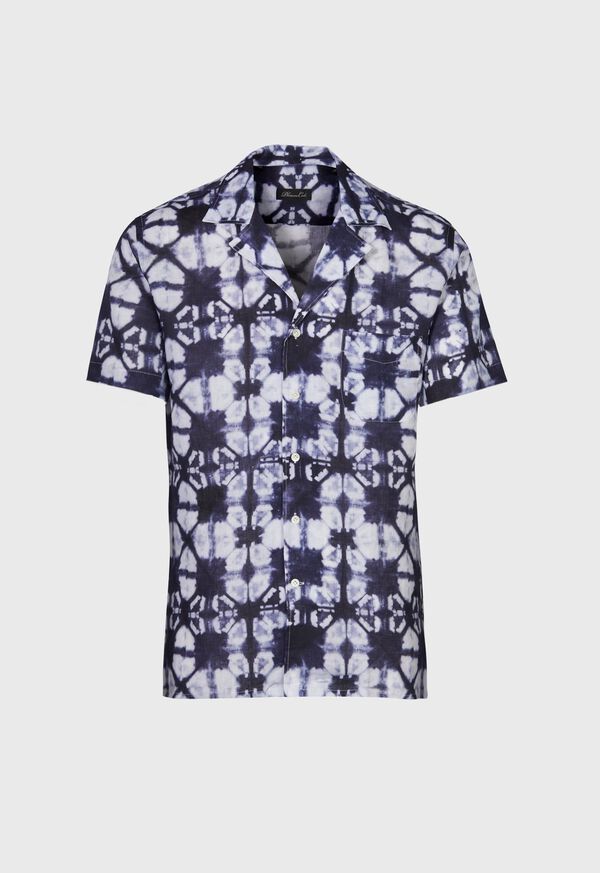 Paul Stuart Indigo Tie Dye Print Camp Collar Shirt