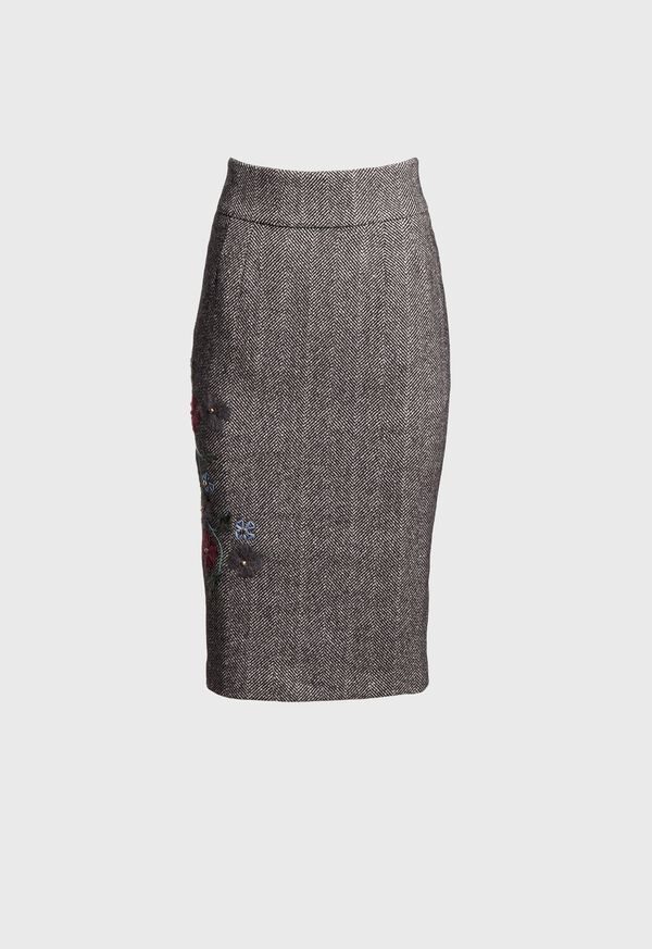 Paul Stuart Wool and Cashmere Herringbone Skirt with Floral Embroidery, image 1