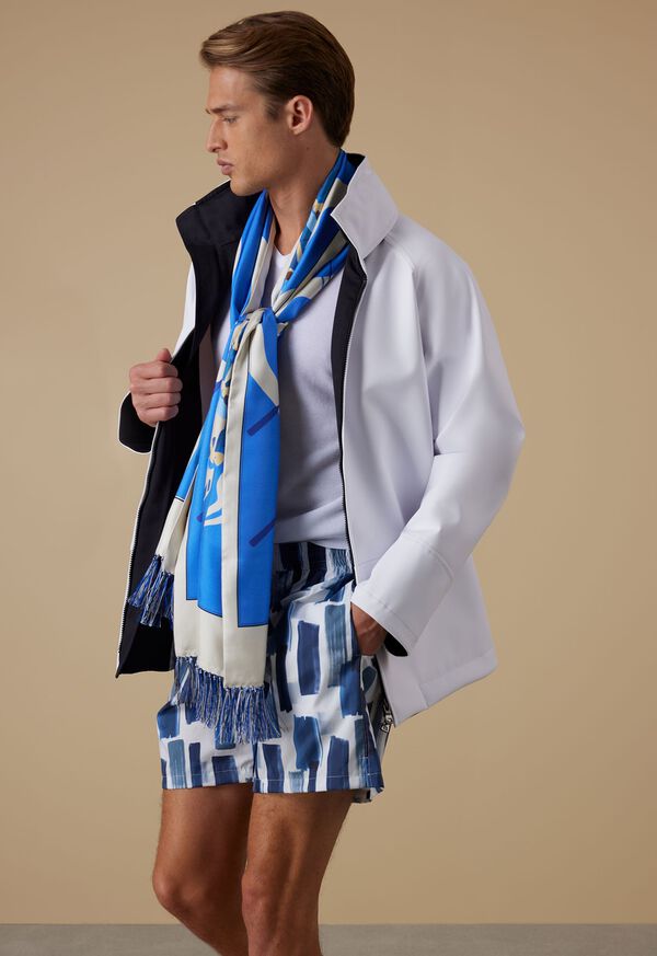 Paul Stuart White Rain Slicker with Blue Swim Short Look, image 1