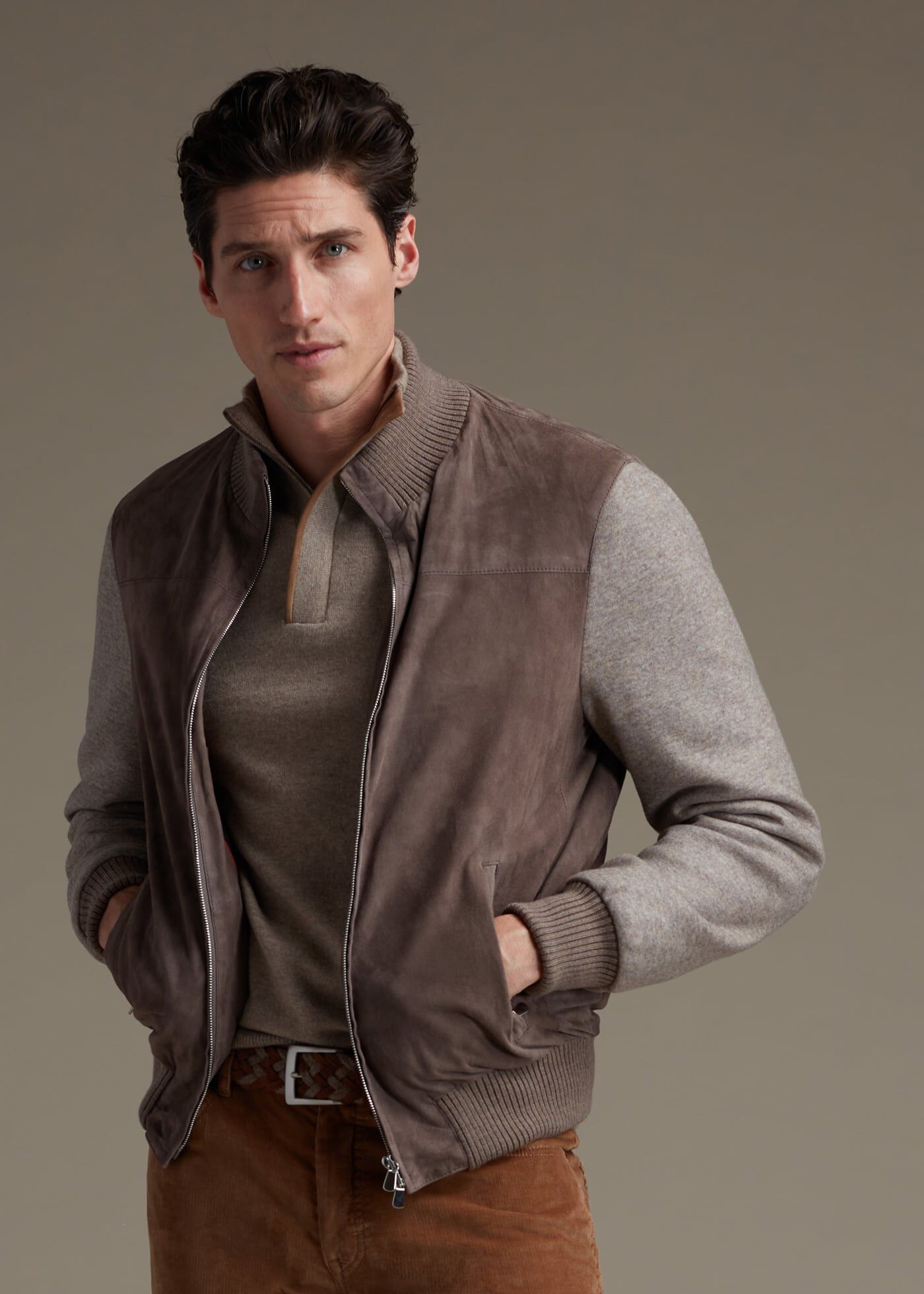 Suede Front Bomber With Cashmere Knit Sleeves