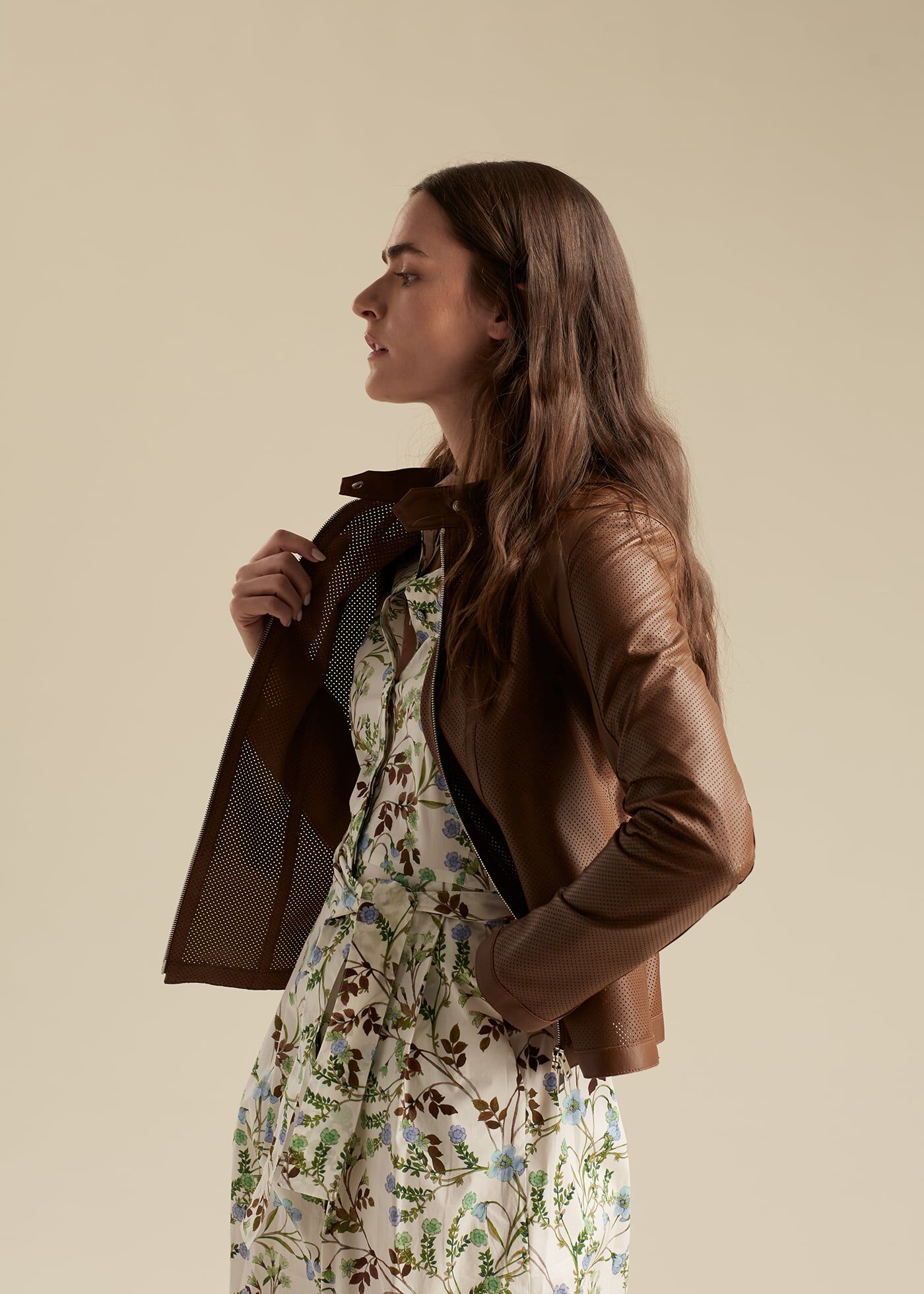 Leather jacket outlet floral dress