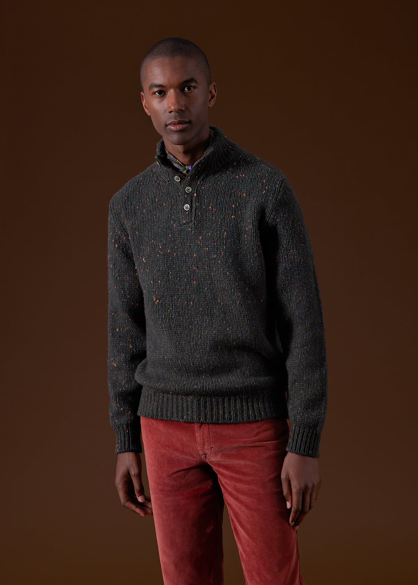 Wool Cashmere Donegal Button Mock Neck