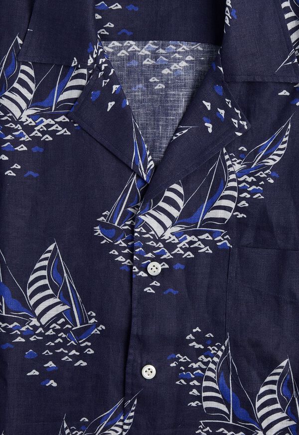 Paul Stuart Linen Indigo Boat Print Camp Shirt, image 2