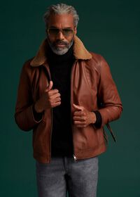 Paul Stuart Leather Bomber Jacket with Removable Shearling Collar, thumbnail 2