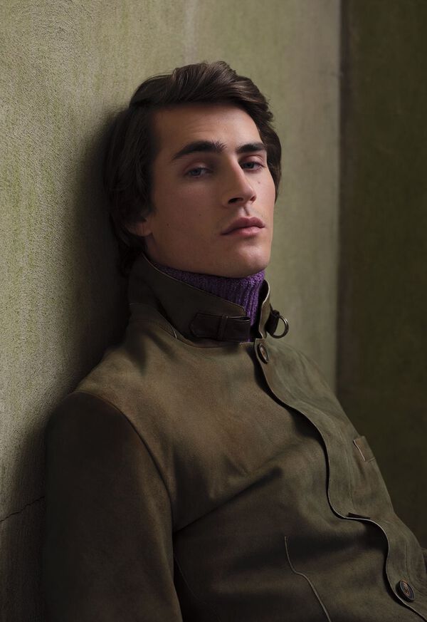Paul Stuart Olive Suede Raw Cut Jacket Look, image 1