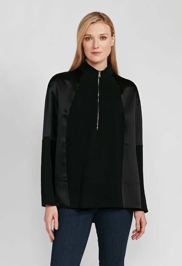 Paul Stuart Crepe Zip Front with Contrast Sleeves Top, image 1