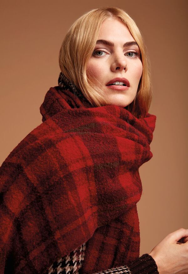 Paul Stuart Red and Brown Boucle Plaid Scarf, image 2