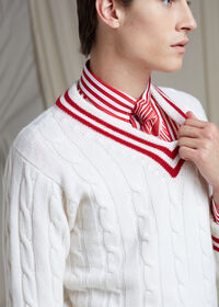Paul Stuart Red and White Stripe Cotton Collared Shirt, thumbnail 2