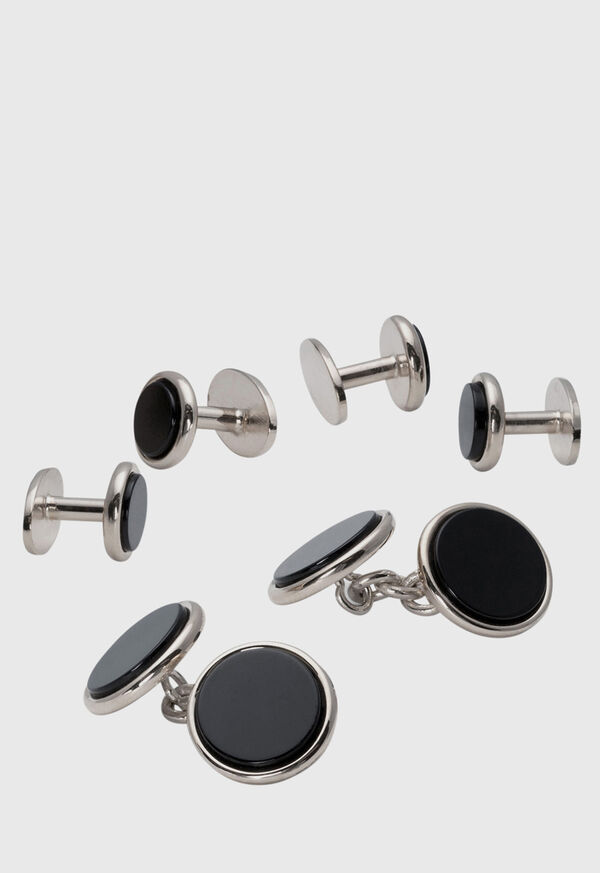 Paul Stuart Double Round Sterling Silver & Onyx Cufflink & Stud Set, image 1