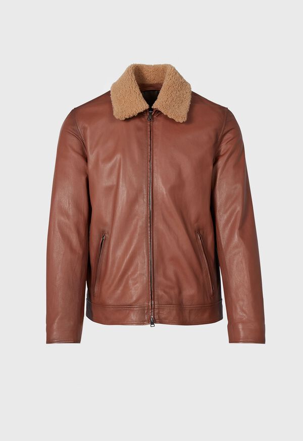 Paul Stuart Leather Bomber Jacket with Removable Shearling Collar, image 1