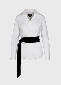Paul Stuart Poplin Wrap Around Blouse withBlk Belt & Open Collar, thumbnail 1