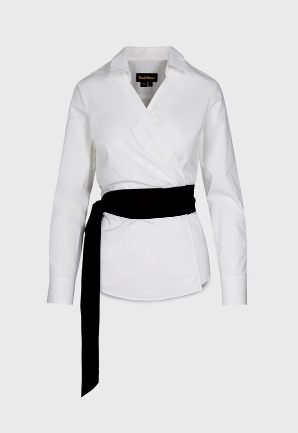 Paul Stuart Poplin Wrap Around Blouse withBlk Belt & Open Collar, image 1