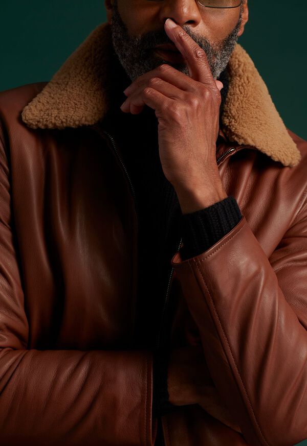 Paul Stuart Leather Bomber Jacket with Removable Shearling Collar, image 5