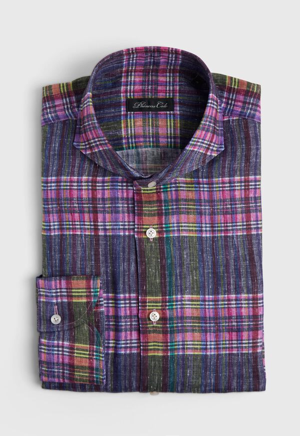 Paul Stuart Indigo And Pink Plaid Linen Shirt, image 1