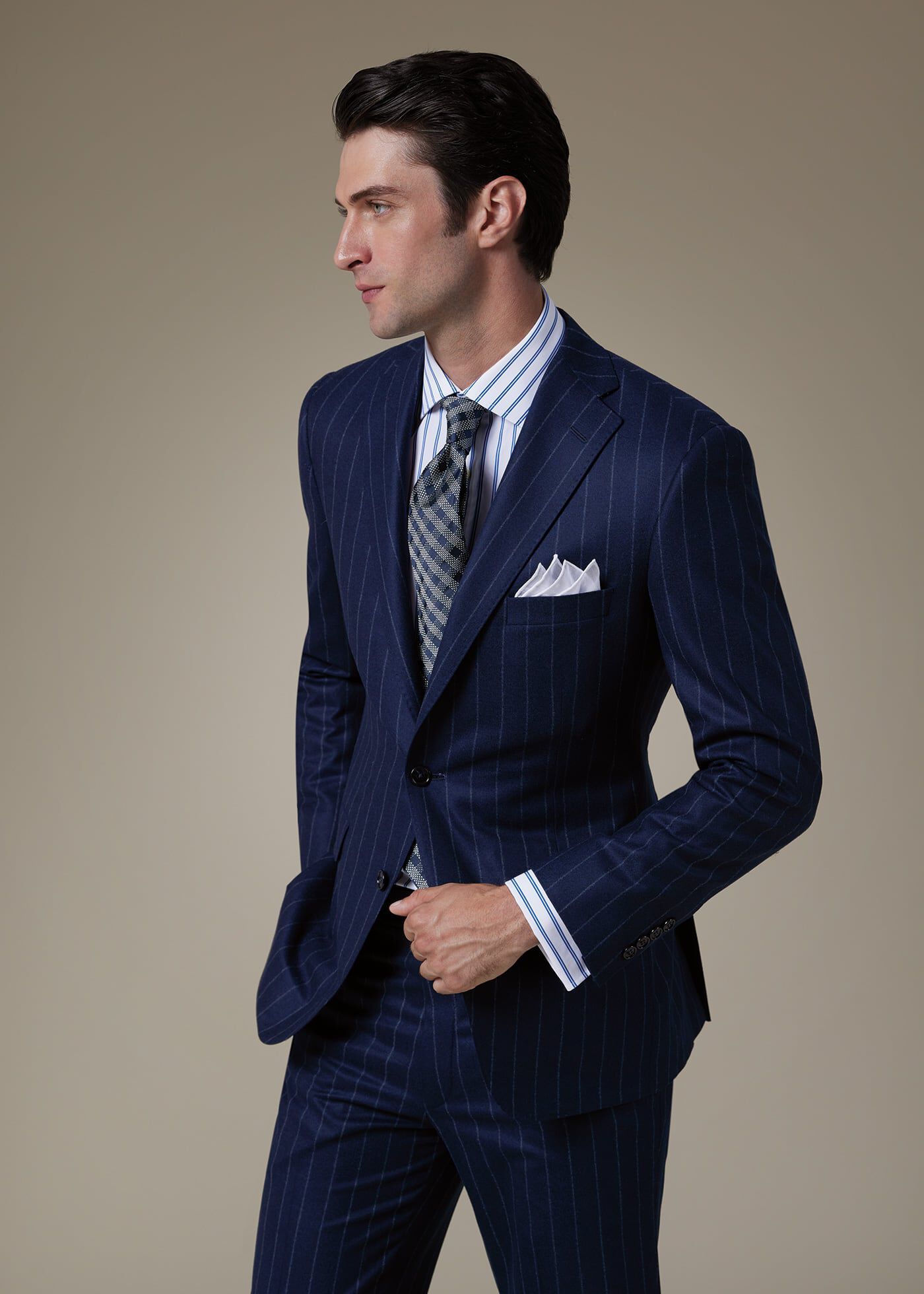 Navy Wool Stripe Suit with Jacquard Tie Look