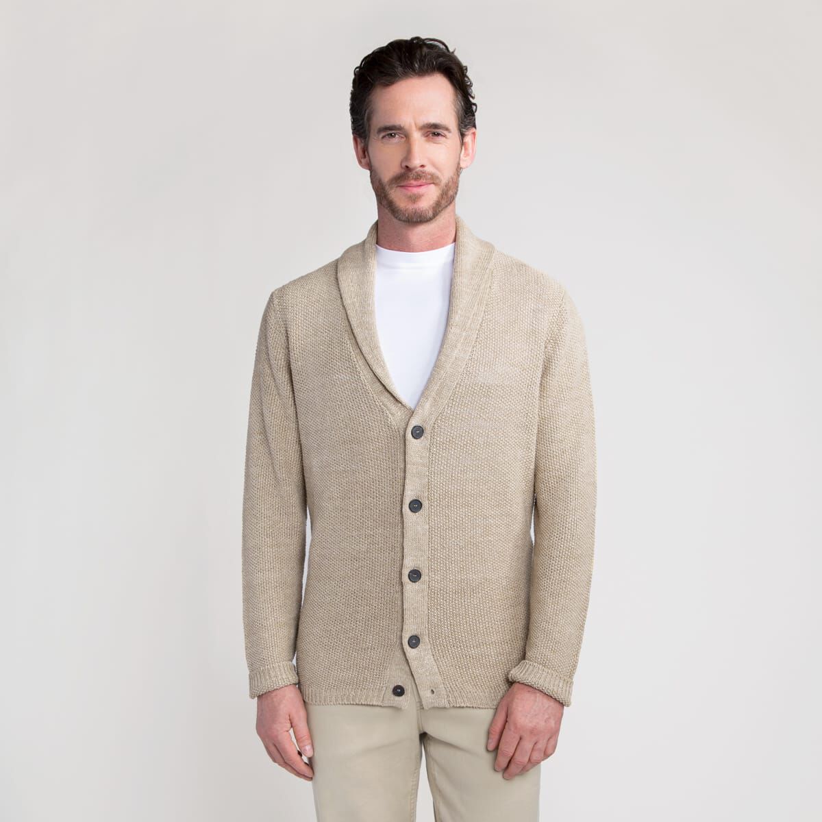 Linen Rice Stitch Shawl Collar Cardigan