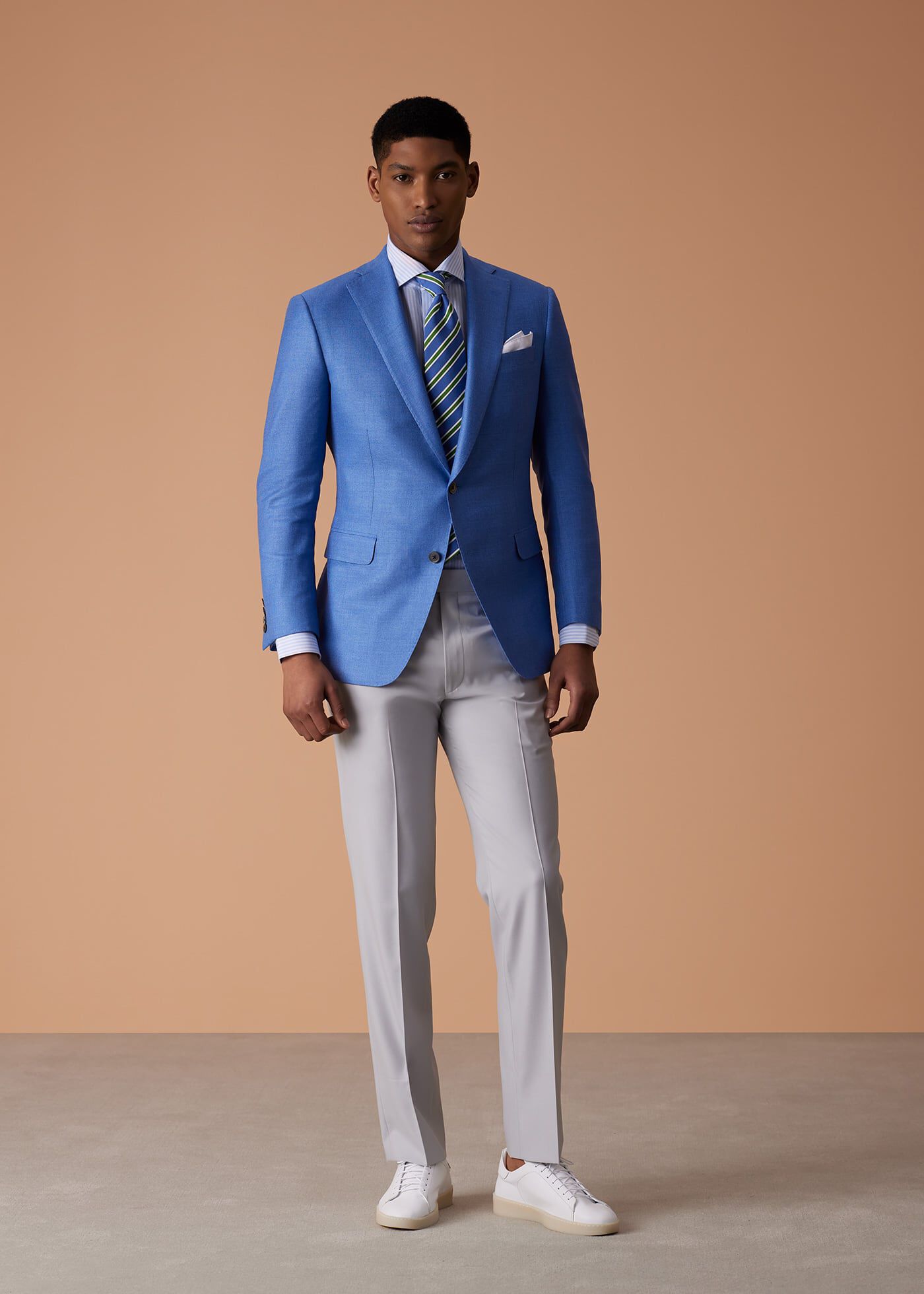 Blue Jacket with Pearl Grey Pants Look