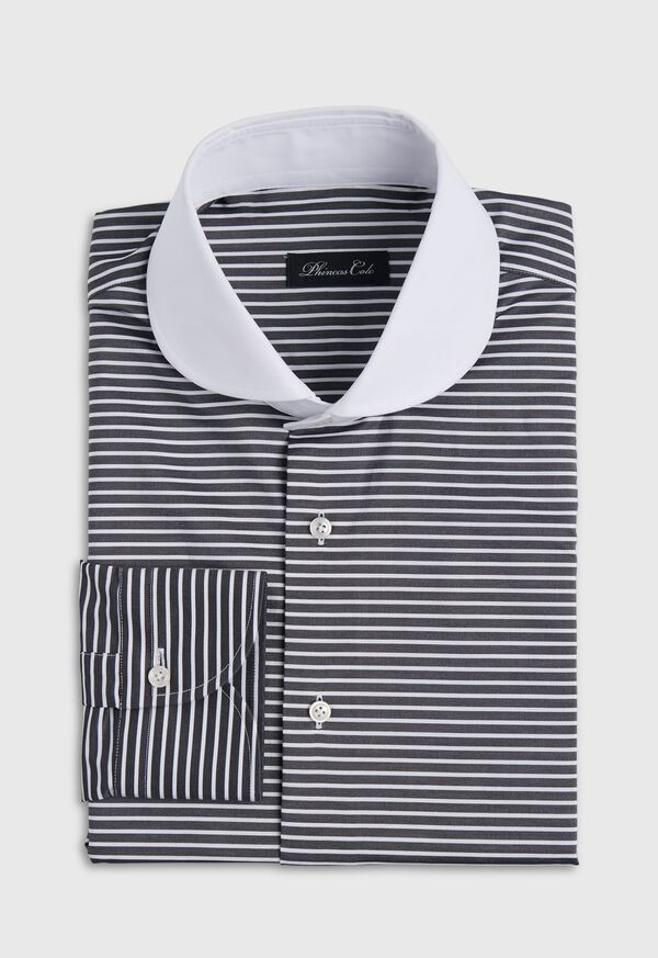 Paul Stuart Black & White Horizontal Stripe White Round Collar Shirt