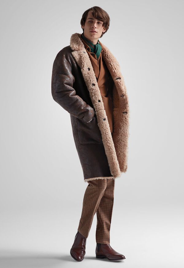FW21 Paul Stuart Catalog Reversible Lambskin Shearling Coat Look, image 1