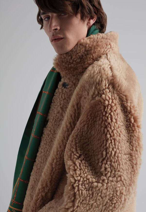 FW21 Paul Stuart Catalog Reversible Lambskin Shearling Coat Close Up, image 1